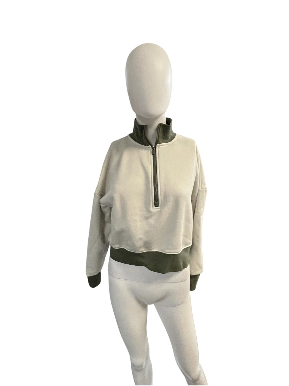 Fabletics Cream Cropped Half-Zip Pullover with Olive Trim